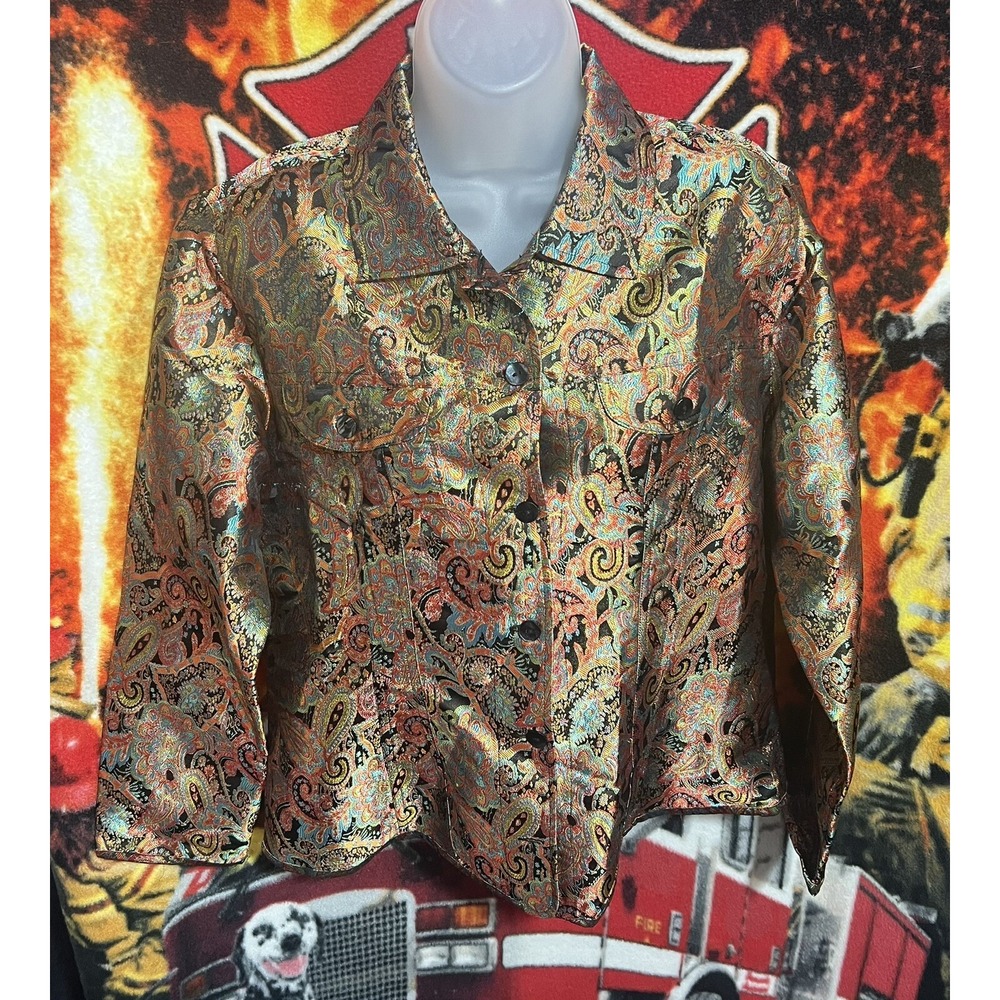 Chicos Womens Size‎ 1 Medium Multi Colored Print Linen Cotton Button Up Jacket
